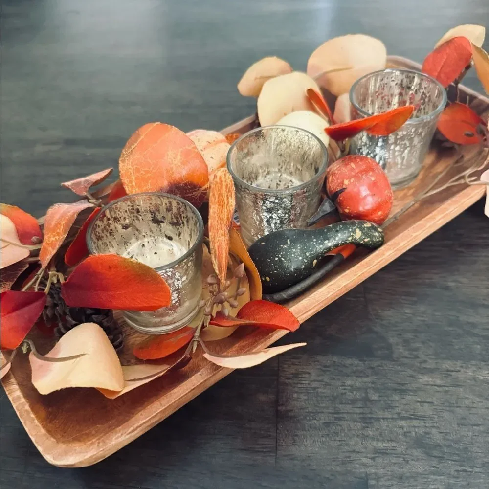Acacia Wood Fall Autumn Tray Floral Candle Holder Centerpiece Decor